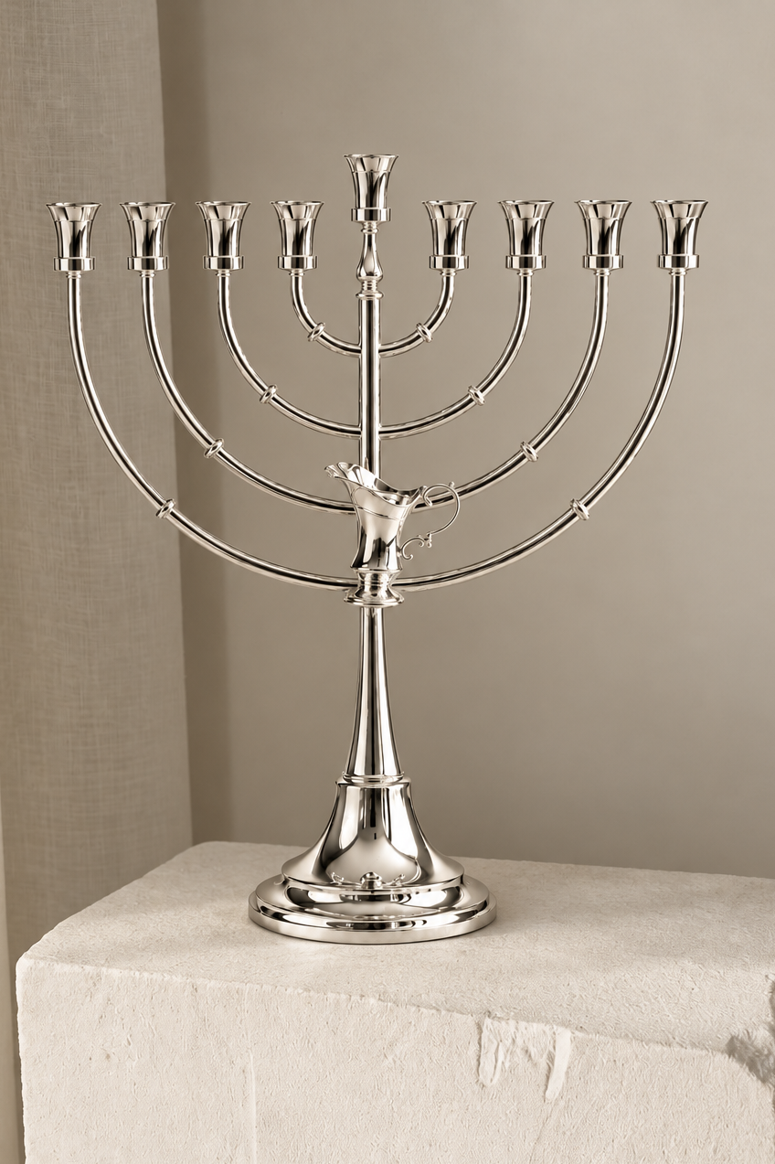 חנוכייה בציפוי כסף טהור | כד השמן | 38 ס״מ